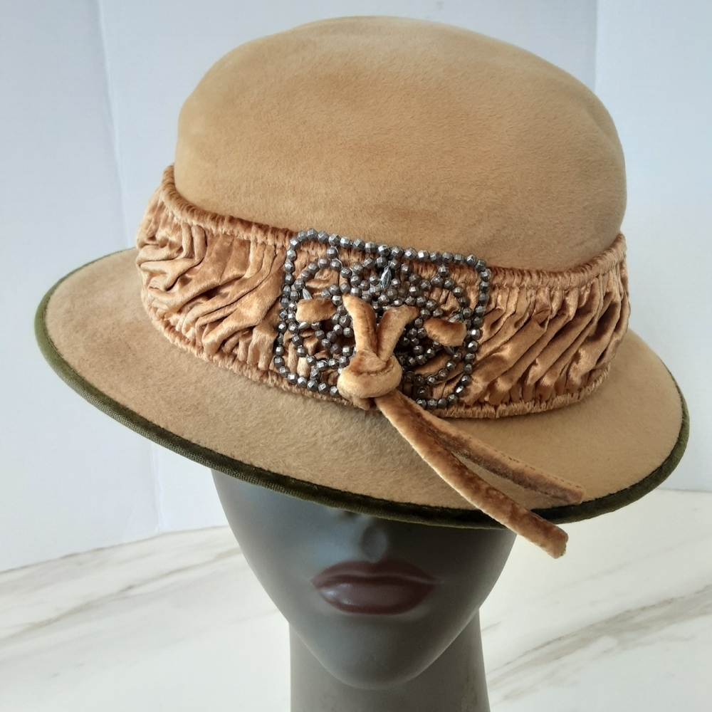 GLORY Cloche Yellow Mustard Wool Felt Green Velour Hat Sz S - Vtg 50's